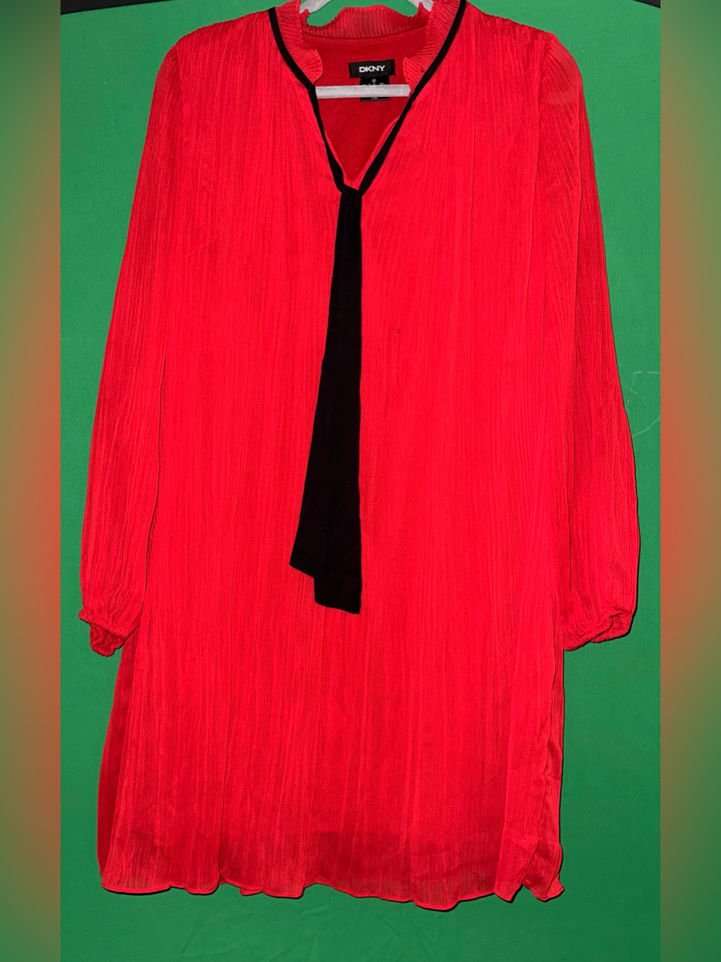 Dkny Red Pliss Pleated Tie-Neck Shift Mini Dress